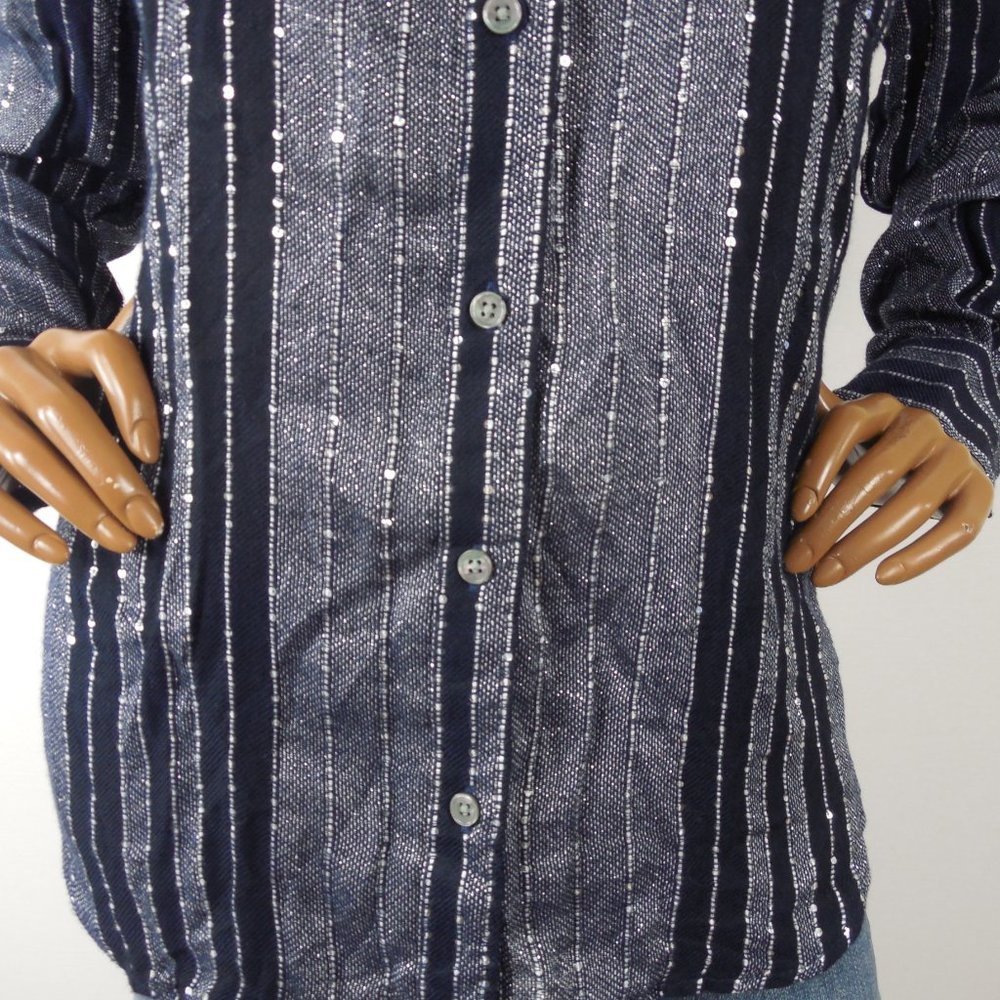 STYLE & CO Top L Navy Blue Striped Button Down Blouse Sequin Detail Party Shirt - Picture 9 of 13